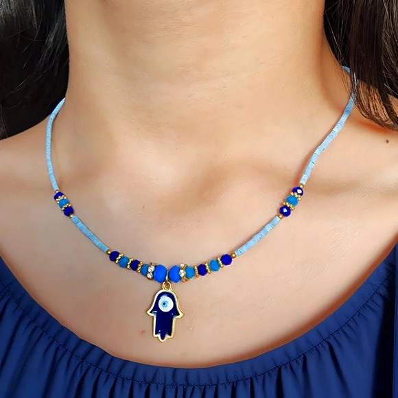 🆕️Turkish Handmade Gold-Plated Hamsa Hand Evil Eye Charm Unique Boho Necklace - Picture 1 of 15